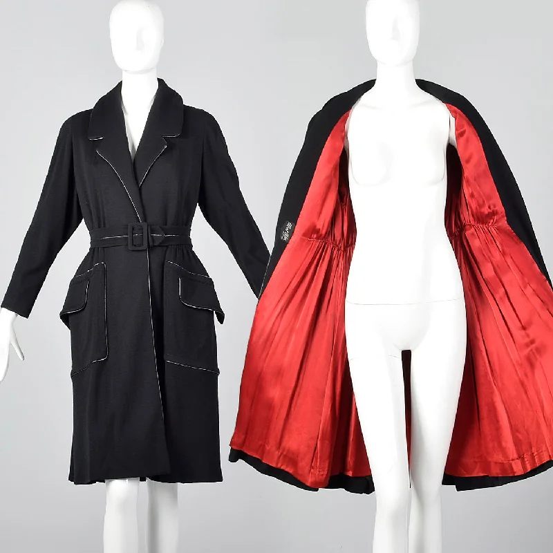 minimalist jacket1950s Black Knit Trench Coat with Red Lining