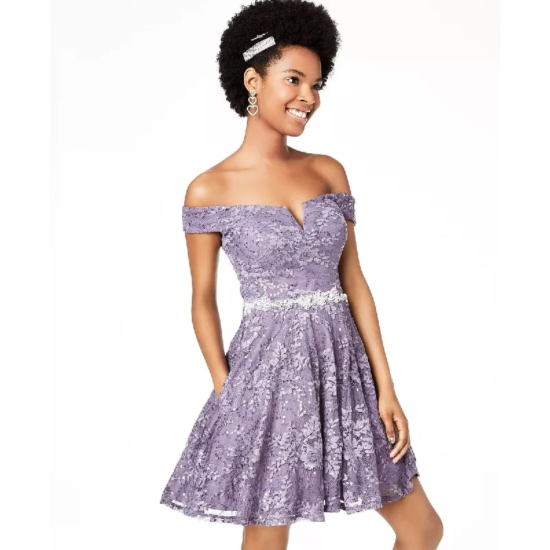 vintage-inspired dressCity Studios Juniors' Off-The-Shoulder Lace Fit & Flare Dress Purple Size 3