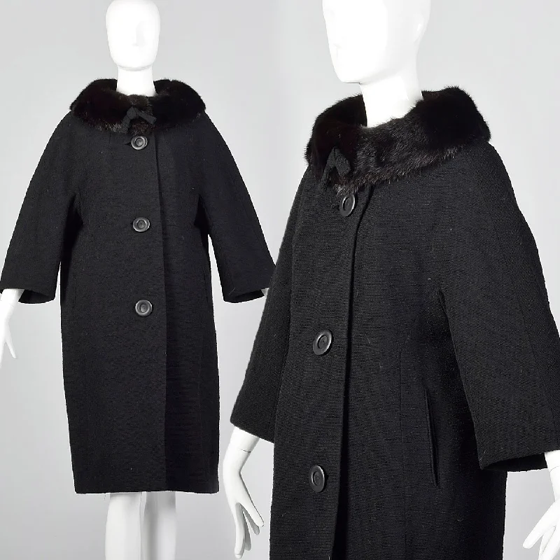 wool coat1950s Black Wool Coat with Mink Collar