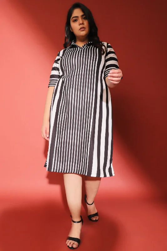 sleek midi dressBlack White Stripe Printed Polo Dress