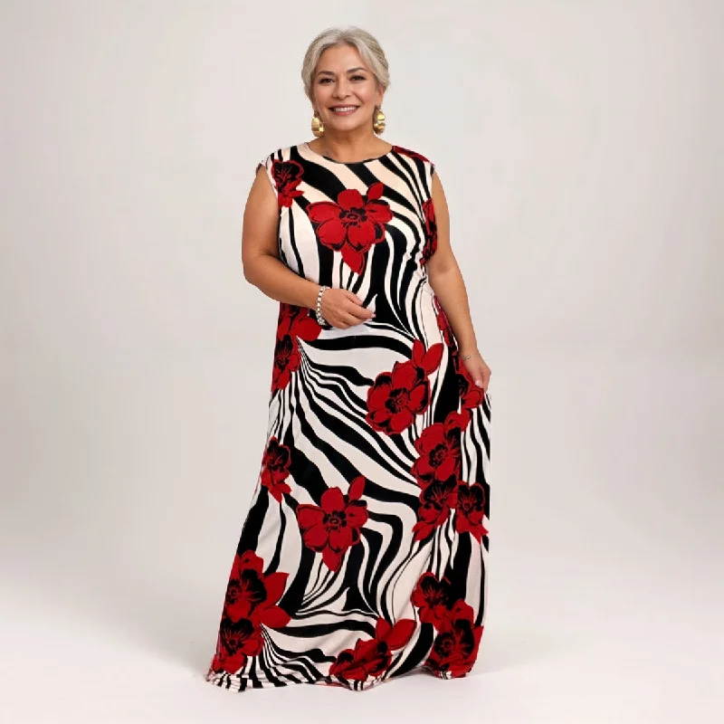 summer dressROCKTHOSECURVES RED WHITE BLACK SWIRL SLEEVELESS MAXI DRESS