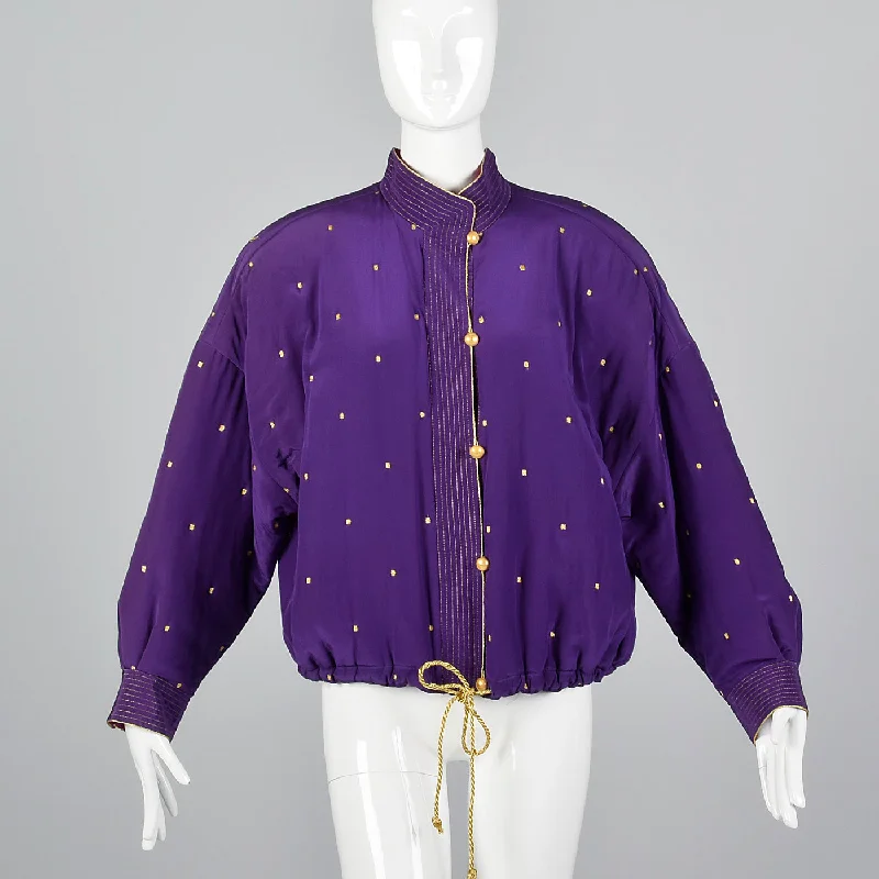 modern coat1990s Ellen Tracy Purple Silk Jacket with Metallic Gold Details