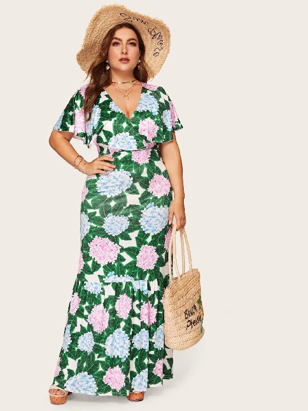 chic dressPlus Floral Print Surplice Front Ruffle Dress