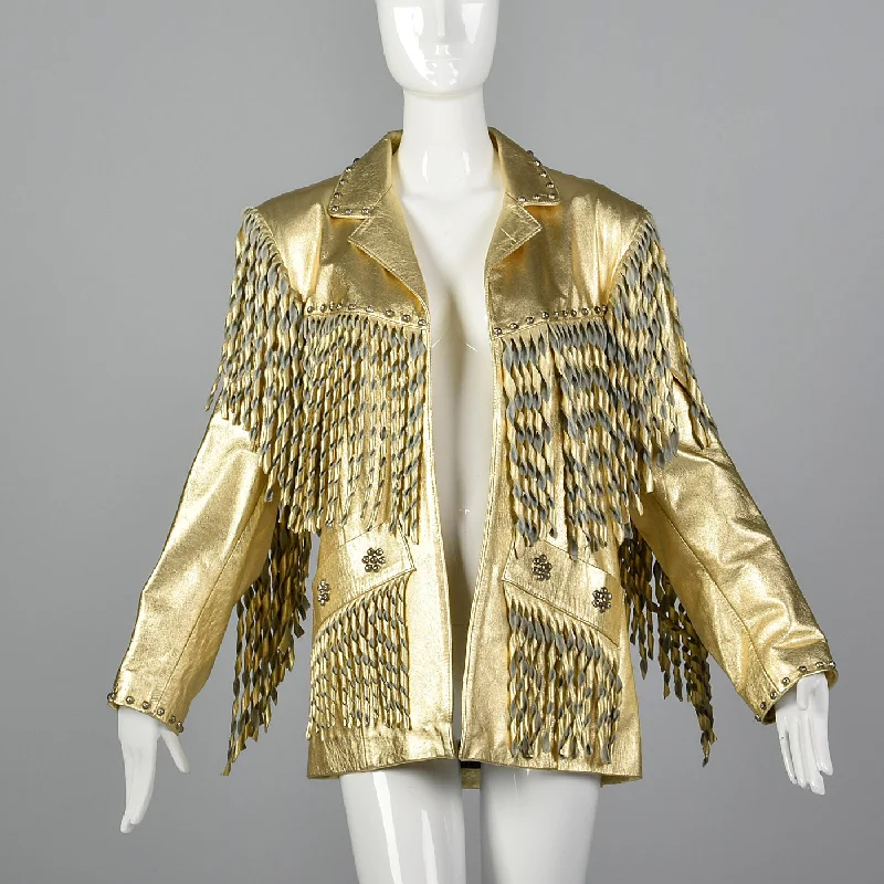 stylish raincoat1980s Metallic Gold Leather Coat with Fringe Trim