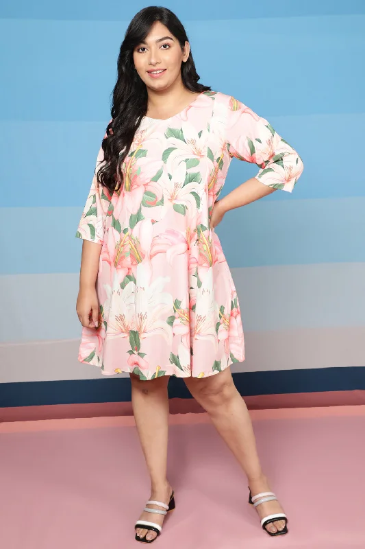 v-neck dressPlus Size Light Pink Floral Printed Dress