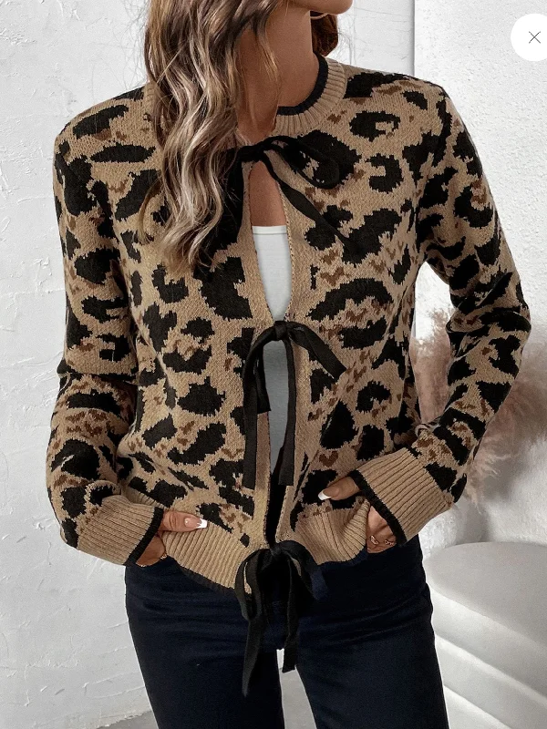 casual sports coatLeopard Print Bow Tie Knitted Cardigan