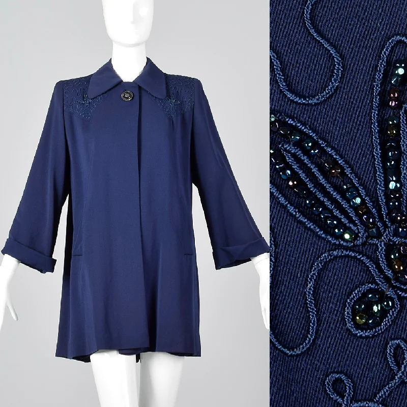 retro coat1940s Navy Blue Gabardine Swing Coat with Beading